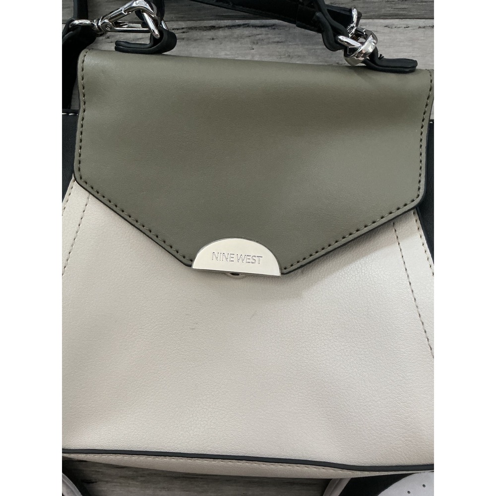 Nine West Colorblock Crossbody Bag Cream Olive Green Black Top Handle Satchel - Picture 2 of 5